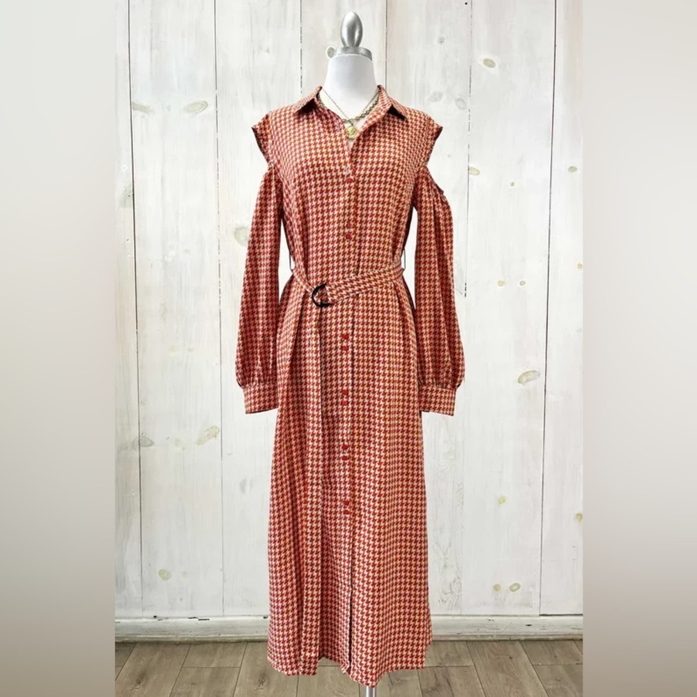 REVEUSE Elegant Red Houndstooth Dress